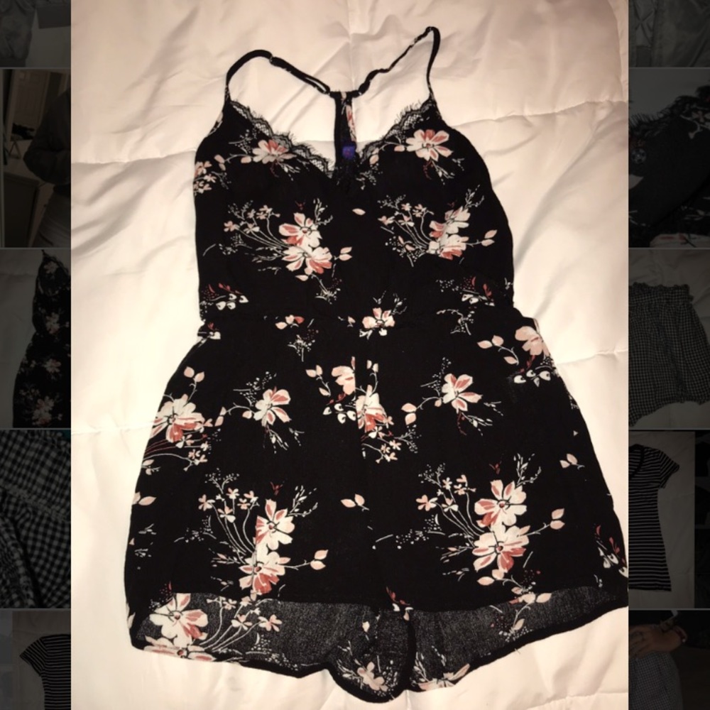 Black flower print romper with lace detail top
